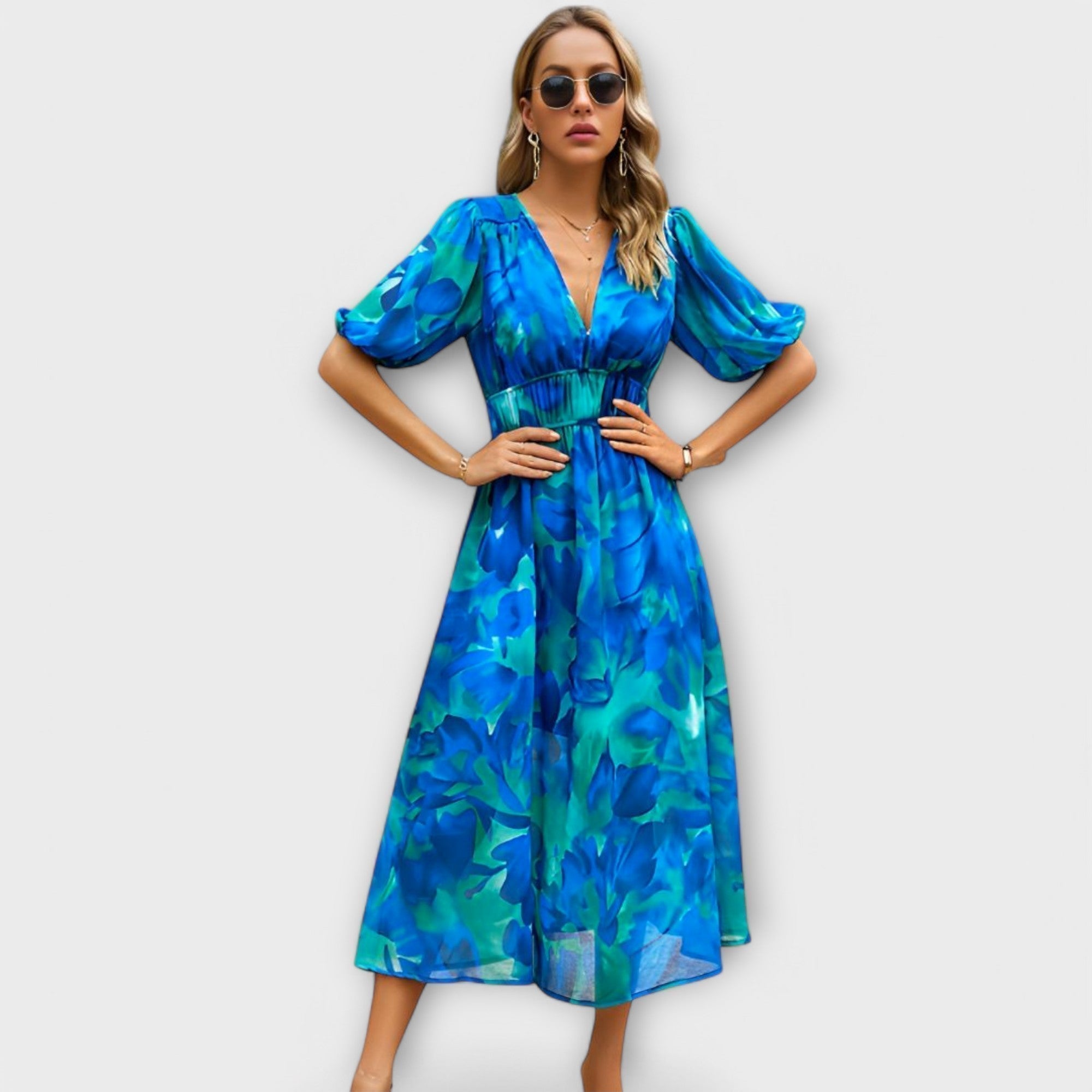 Abstract puff sleeve maxi dress